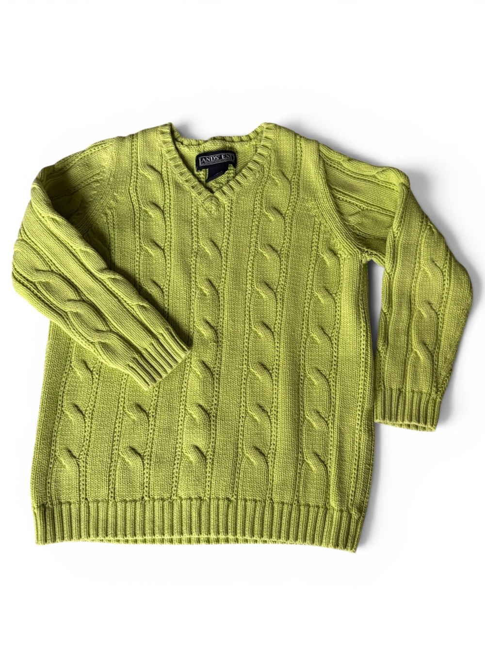Vintage Lands’ End Hong Kong Green Cable Knit V-Neck Cotton Sweater Size 6X